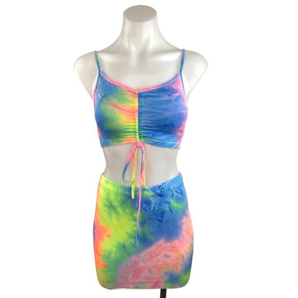 2 Pc Outfit Rainbow Tie-Dye Bodycon Sleeveless Cami Crop Top Mini Skirt Set S - Picture 1 of 4